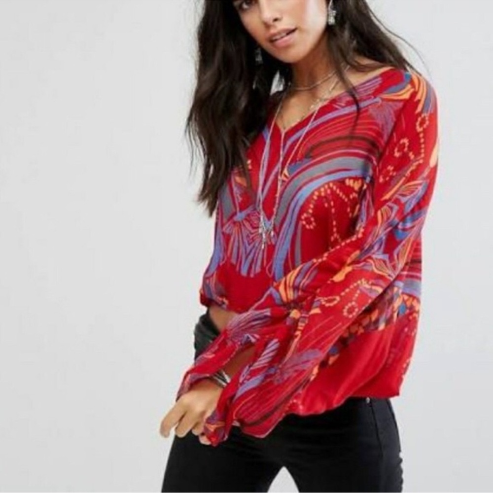 Free People Red Patterned Blouse Small